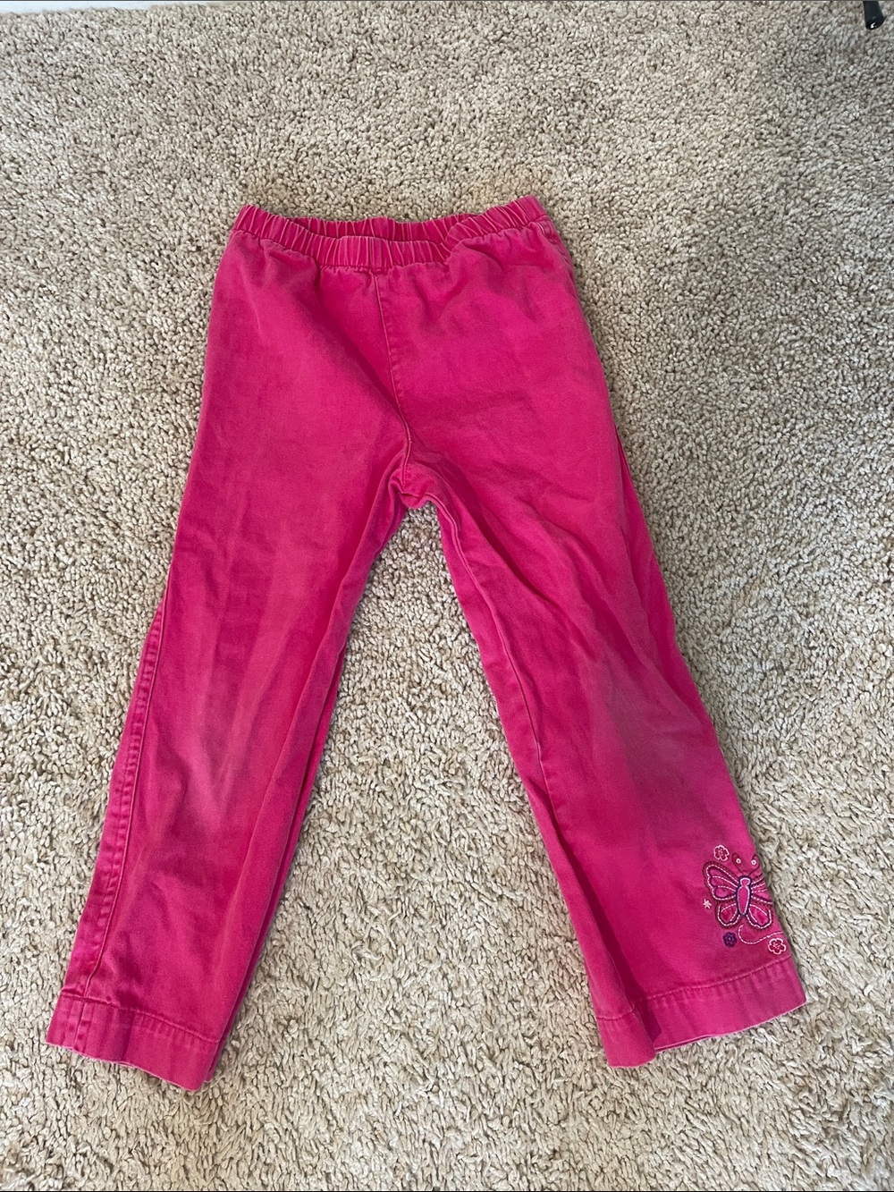 Girls' Pink Butterfly Embroidered Elastic-Waist Pants